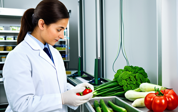 **

A professional agricultural product quality manager, fully clothed in a modest lab coat, inspecting fresh vegetables in a modern laboratory, safe for work, perfect anatomy, natural proportions, professional, high quality. Appropriate content.

**